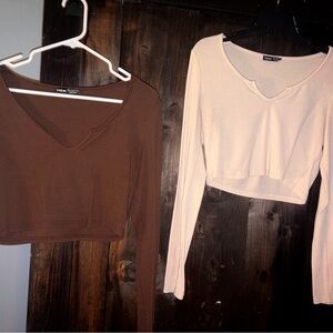 SHEIN Brown and Cream V-Neck Crop Tops